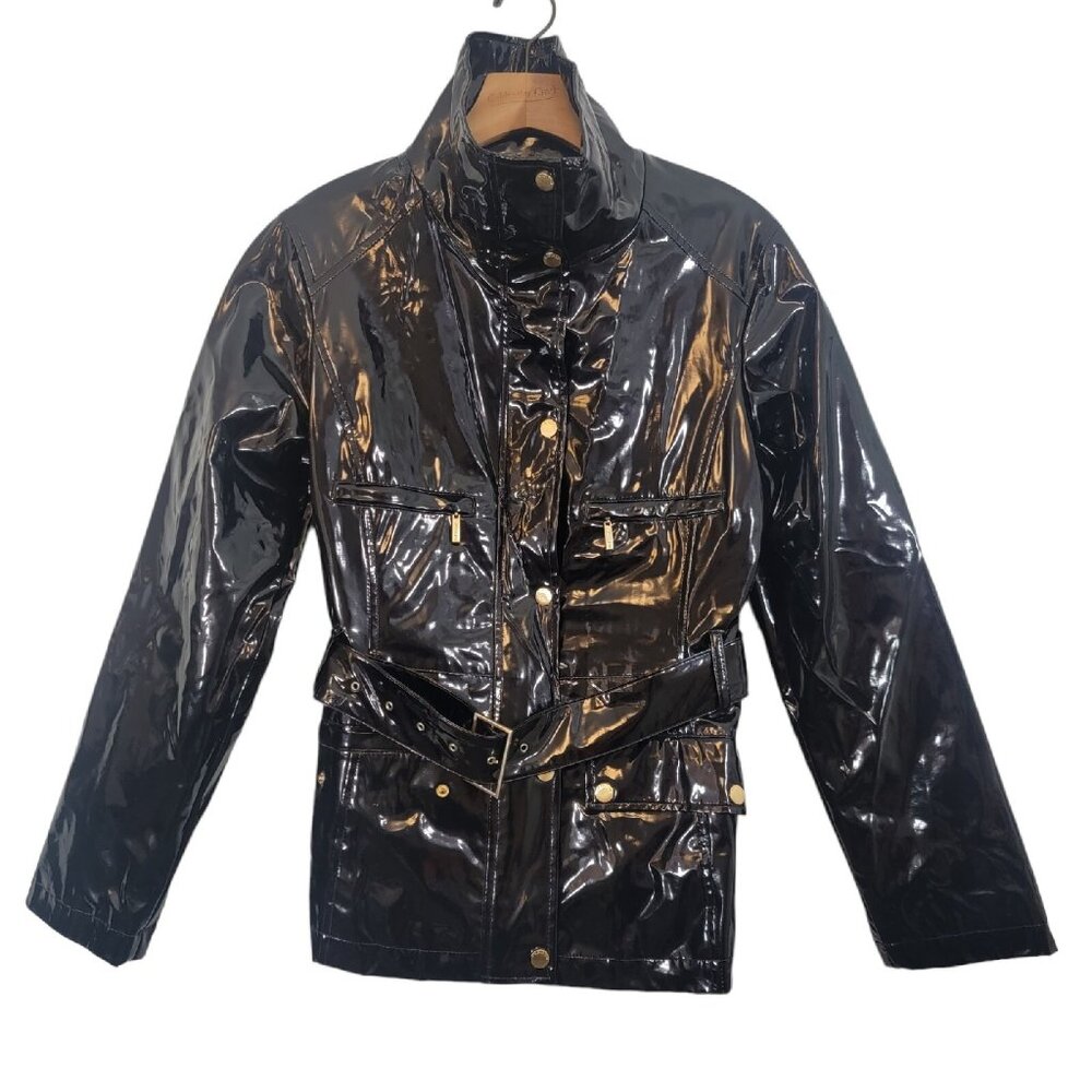 1 Madison Women's‎ Jacket Black Modern RN 15101 Zip Polka Dot Liner Sz Small EUC